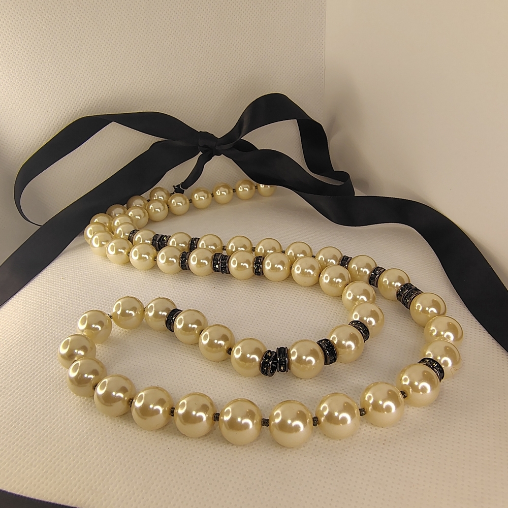 Designer Glass Pearl Necklace with Black Accents & Ribbon Closure